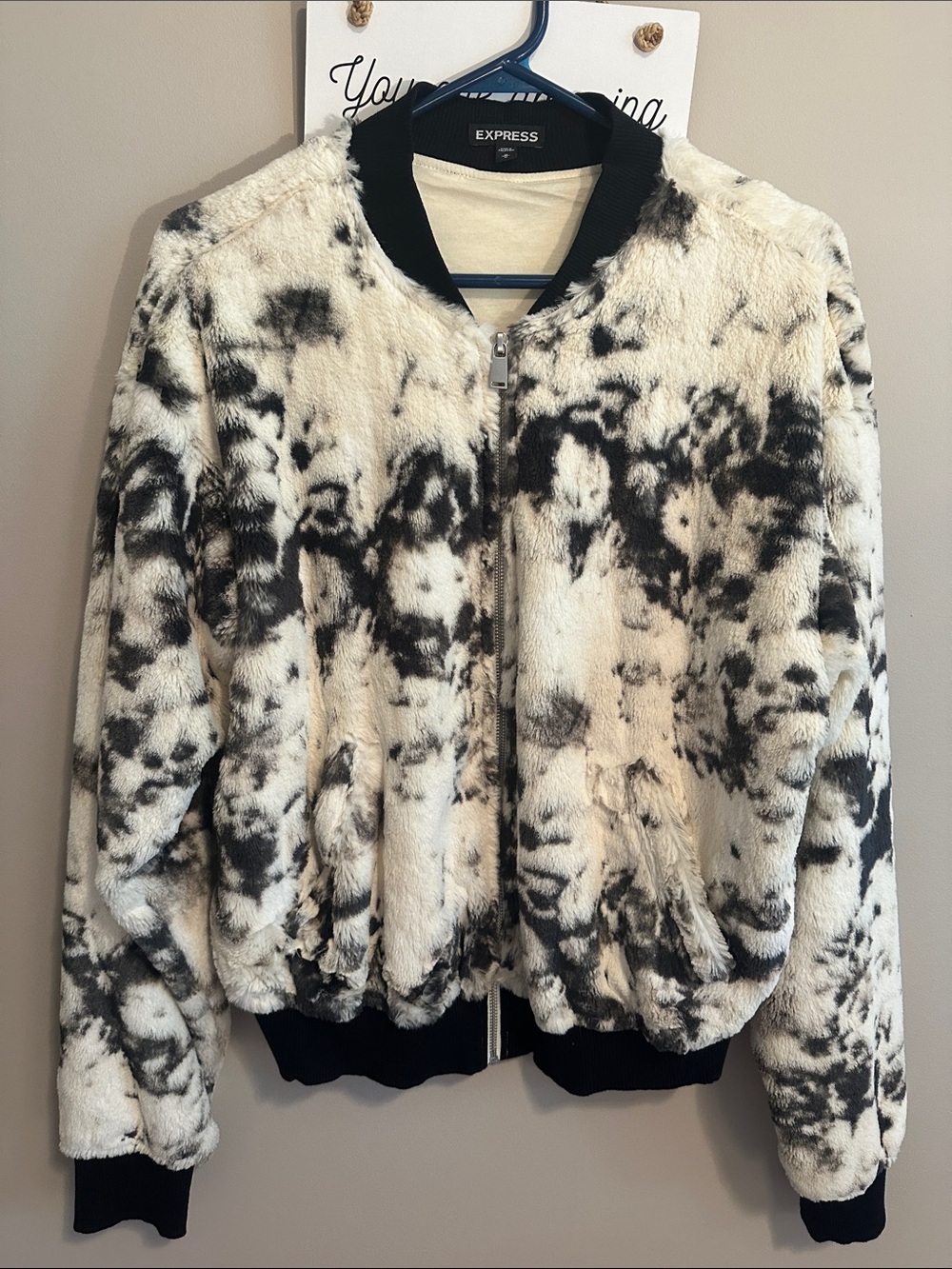 Express Black & Cream Faux Fur Bomber Jacket